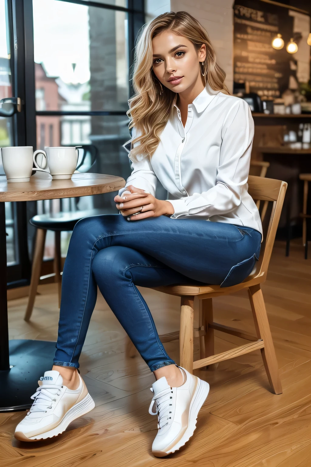 high quality,16K:1.1),((, German woman sitting on a chair in a coffee shop）, 、(Full Body Shot:1.2),(),Blonde wavy hair、、ear piercing、smile、Beautiful teeth alignment、((Long sleeve blouse、Skinny jeans、sneakers)), ,(View your audience:1.3),The background is a coffee shop
