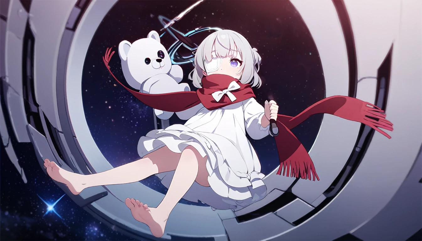 (((masterpiece))), (((best quality))),(((high detail))),light manipulation, darkness manipulation, portal manipulation, girl with long silver hair, a normal eye on the left, a gradient purple to sky blue eye on the right, wearing a white dress, a red scarf, a white eyepatch on her right eye, ((())), (((child))) , galaxy background, holding a teddy bear, feet, no footwear