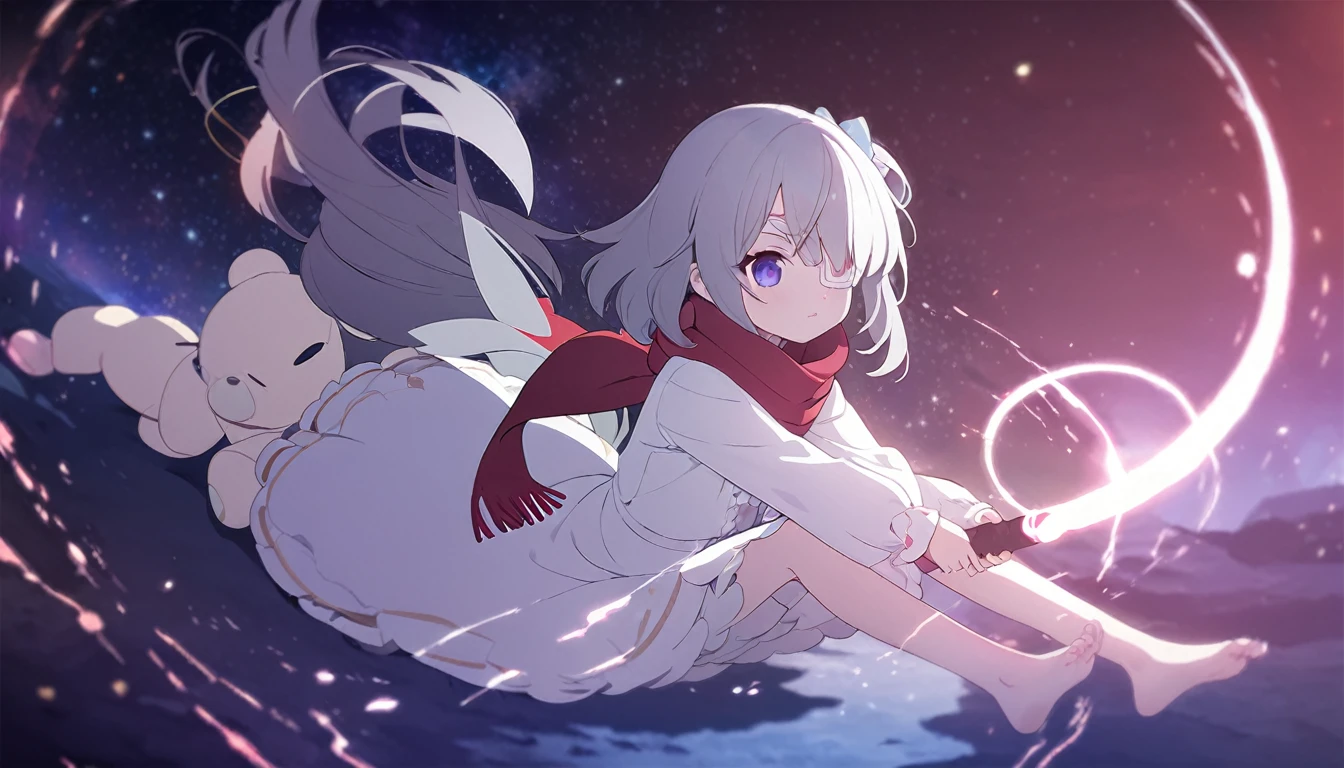 (((masterpiece))), (((best quality))),(((high detail))),light manipulation, darkness manipulation, portal manipulation, girl with long silver hair, a normal eye on the left, a gradient purple to sky blue eye on the right, wearing a white dress, a red scarf, a white eyepatch on her right eye, (((loli))), (((child))) , galaxy background, holding a teddy bear, feet, no footwear