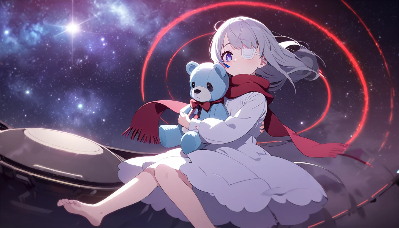 (((masterpiece))), (((best quality))),(((high detail))),light manipulation, darkness manipulation, portal manipulation, girl with long silver hair, a normal eye on the left, a gradient purple to sky blue eye on the right, wearing a white dress, a red scarf, a white eyepatch on her right eye, (((loli))), (((child))) , galaxy background, holding a teddy bear, feet, no footwear