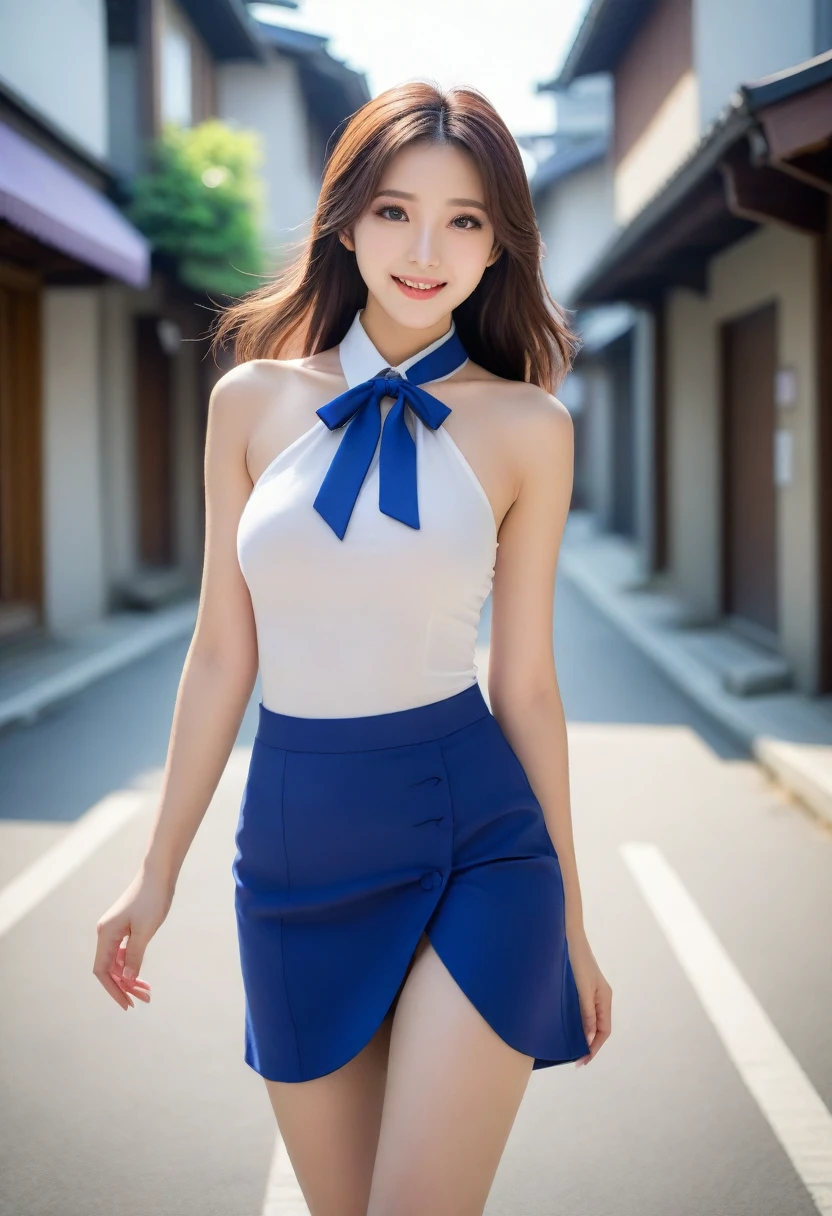 8K, Ultra-high resolution, Highest quality, masterpiece, 三分割法によるphotograph,Surreal, photograph, 1 Girl, (16 years old:1.3), pretty girl, Cute face, 細部までbeautiful目, 細かくdetailedに,masterpiece,, One Girl:1.2, Japan Female Announcer, whole body,Anime girl with long hair and black eyes standing on a city street, ArtStation Pixivでトレンド, Purple eyes, Blue tie, beautiful (Fine grain, detailedな顔,) Ahegao, Euradev, Noble Temperament, High heels, No watermark.Beautiful leg line beauty,Full of sex appeal,Sensual,A carefree smile,Heal the heart、beauty,Long neck、Laugh a little、Please close your mouth and laugh、(((Ideal body type))),A cup small breasts :2,、Portraiture:2、Perfect Anatomy、鮮明なdetailed、detailed、Surreal、Light and shadow,Strong light