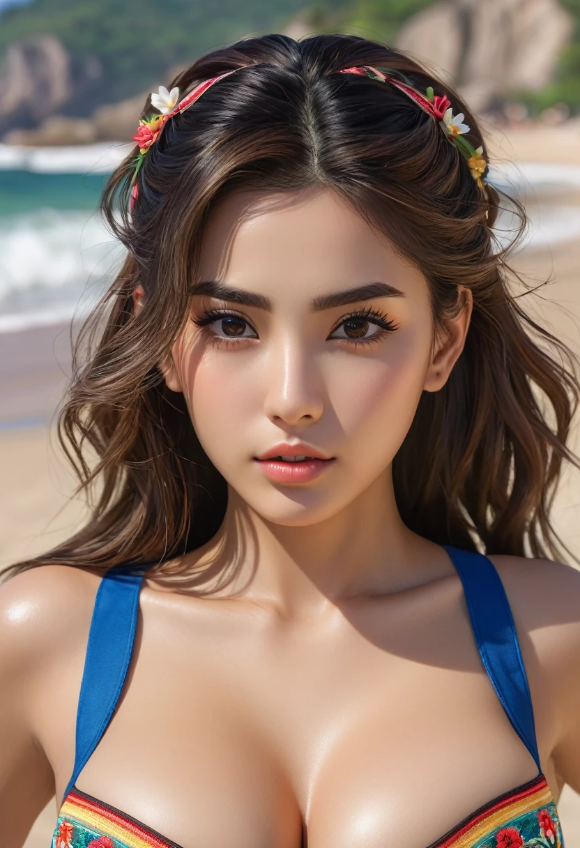 ((Superior quality, 8k, Masterpiece: 1.3)), 1 girl, cute mexican woman emphasizing slim abs: 1.3, (random hairstyle, standard : 1.2), lying on the beach 1.2, 1 , Cute latin person emphasizing slim abs. no.: 1.4, (random hairstyle, standard breasts uniform: 1.2, playa, Super detailed face, detailed eyes, double eyelid