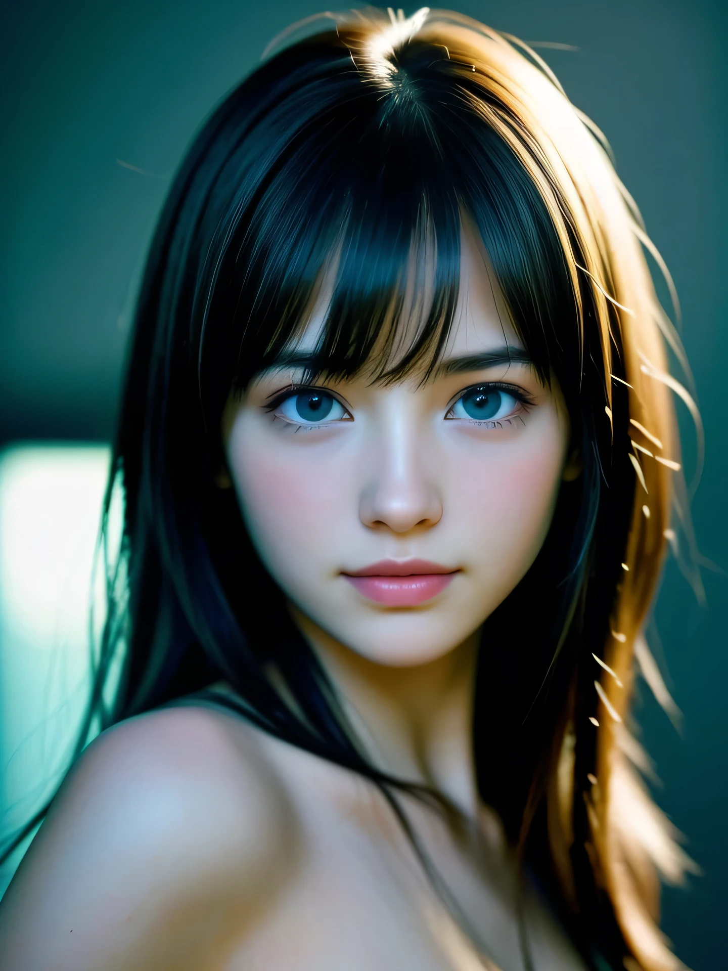 (Photo Real:1.4), (hyper realisitic:1.4), (Smooth lighting:1.05), 1 girl, teenager, blue eyes, happy, shy, smile, looking away, Close-up of the face, Soft lighting, Back lighting, (Finest Real Textured Skins), Super fine face, glowy skin, retinas, Anatomically correct, (Wavy medium Hair:1.1), bangs, Textured skin, High quality, high details, Best Quality, High resolution,