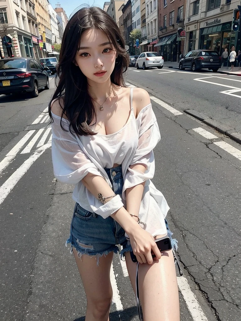 Beautiful woman, Playing with your cell phone in the middle of the street, Short clothes