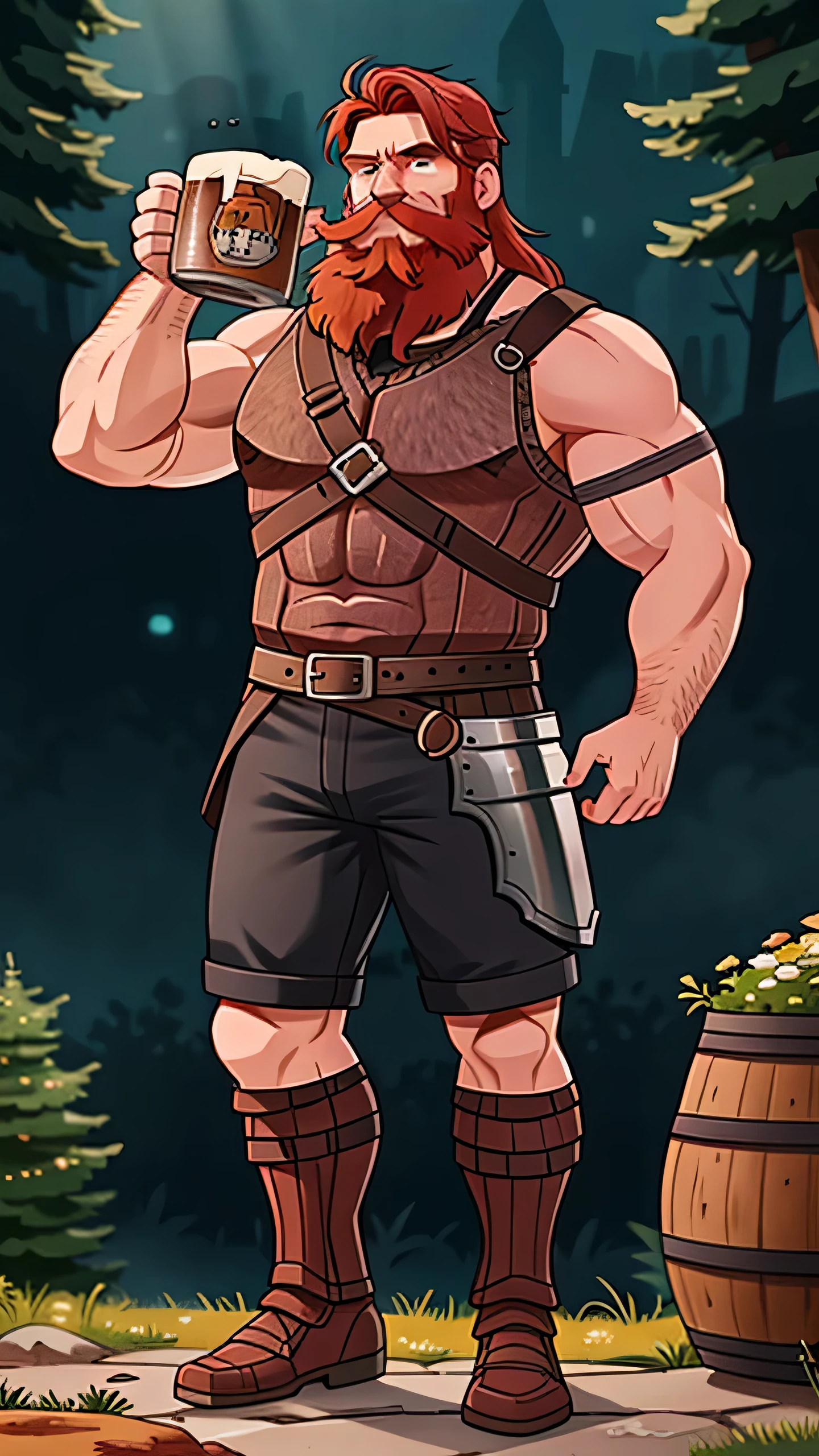 Ingólfr Einarr is a 40-year-old red-haired Viking man with a full beard, outgoing, muscular and very attractive, who wears his imposing medieval armor. hyper detailed and super realistic. cartoon style. Ingólfr Einarr raising his arm and holding a mug of beer