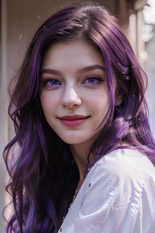Best Quality, high quality, a pretty girl, Alone, beautiful purple hair, beautiful purple eyes, light smile,