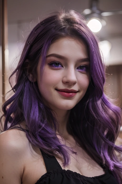 Best Quality, high quality, a pretty girl, Alone, beautiful purple hair, beautiful purple eyes, light smile,