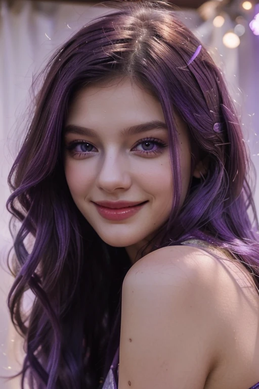Best Quality, high quality, a pretty girl, Alone, beautiful purple hair, beautiful purple eyes, light smile,