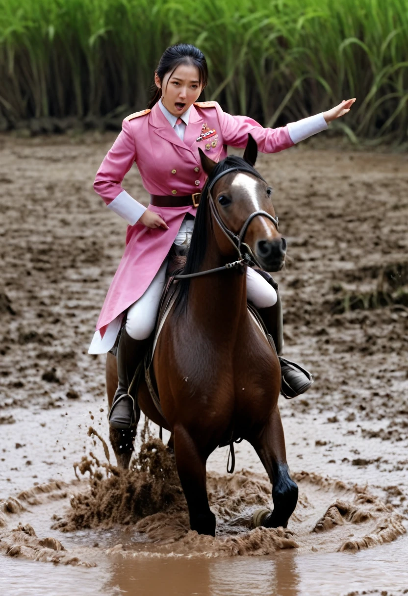 (((masterpiece))),(((Highest quality))),((Tabletop:1.4, Highest quality)), (Realな写真:1.4),
((1 cute girl knight)),rodeo,horse standing,Surprised face,stumble,aggressive,slouch,horse standing, prancing horse in pitfall,cute,Napoleon,
(超High resolution:1.2),, wonderful, Very detailed CG Unity 8k wallpaper, Very detailed, High resolution,fat horse ridden by japanese girl,Plump,Double,Pink military uniform,Soaking in the swamp,Mud Splash,
Soft Light, Beautiful detailed girl, Droopy eyes,Very detailedな目と顔, Beautiful and exquisite nose, Beautiful and exquisite, horse ridden by a girl can't stand up because its drowned in the sticky muddy pitfall:10.0 ,Displeased face:4.0,Real,Stir,Anatomically correct,action horse riding scene while struggle fighting