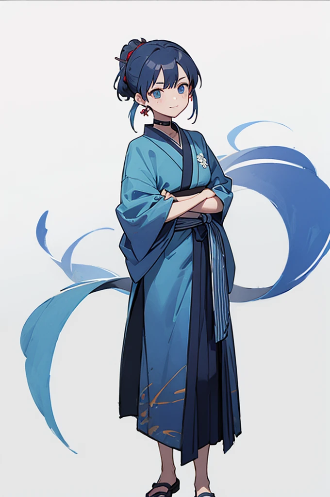 Blue and green yukata、Red and blue hair、Shoulders are out、Mischievous face、Choker on neck、Big earrings、The earrings are red、Arms crossed、Only the mouth is smiling、Straw sandals、Choker on right leg(whole body、Are standing、、White background)
