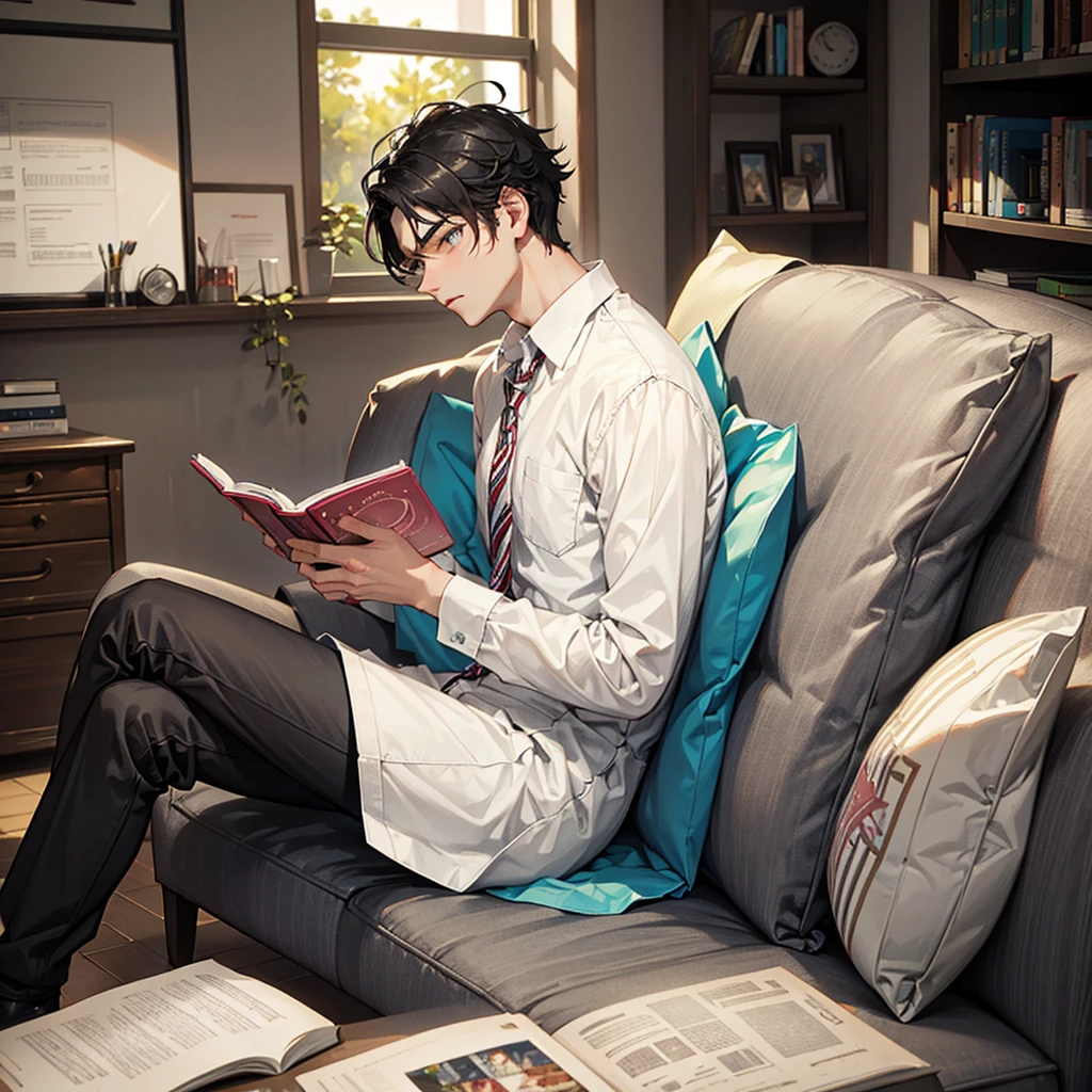 black hair, young man sitting and reading, tired and listless expression, first-person view, anatomically correct, award winning