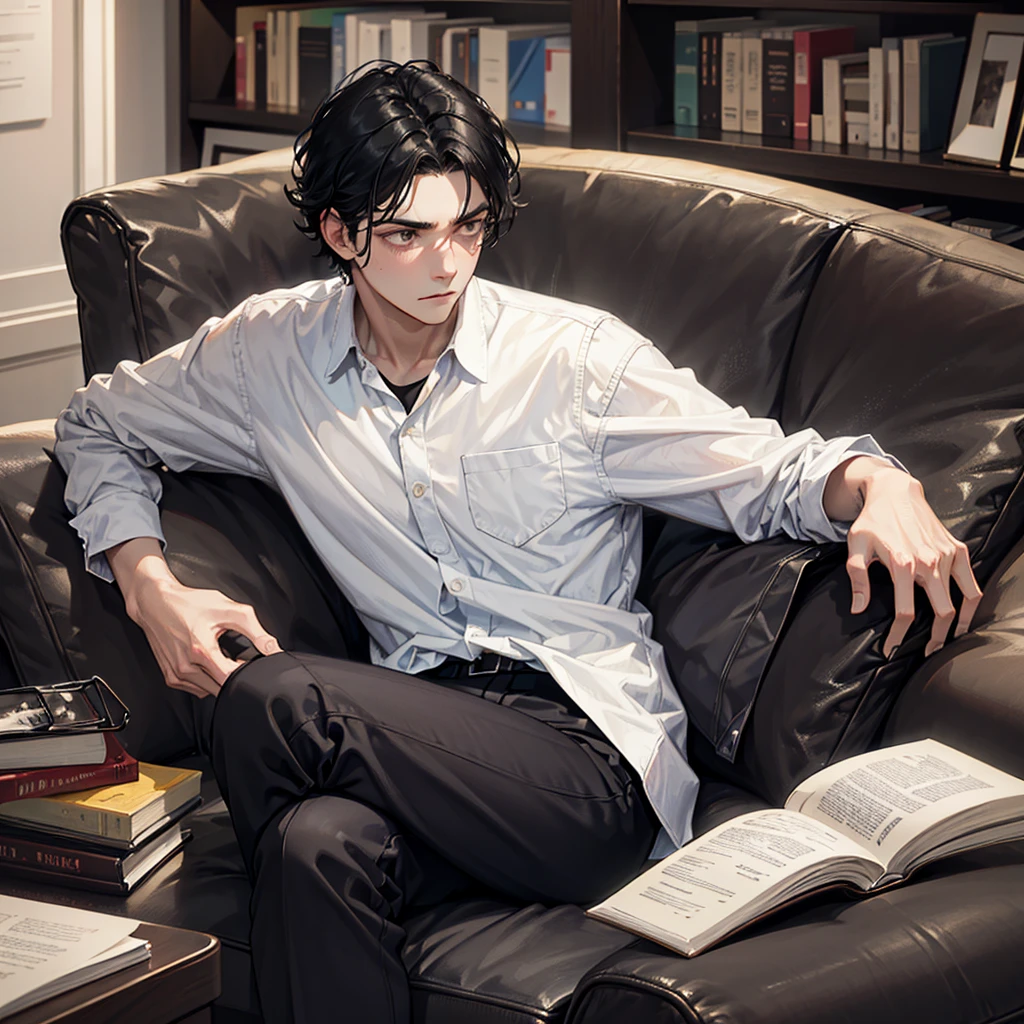 black hair, young man sitting and reading, tired and listless expression, first-person view, anatomically correct, award winning