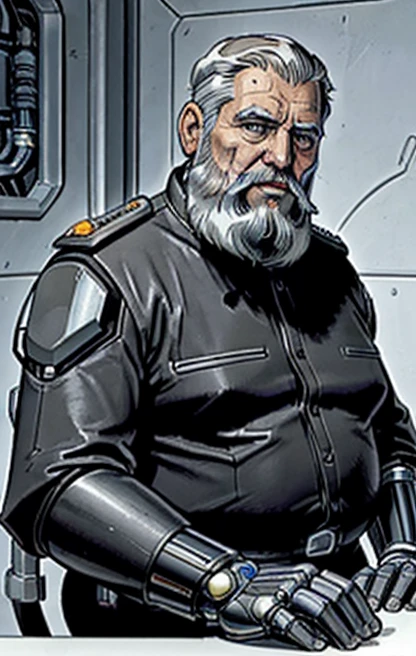 He is looking at his mechanical palm, He observes his own bionic hand, The space general aged 65 has long gray beard and long beard, wears a futuristic uniform, he is fat bearded, long sleeve uniform , wearing leather gloves on your hands, he has his arms crossed seriously, speaking to the viewer, He wears a white general&#39;s hat on his head. He wears a general&#39;s hat.((He is very chubby and has a white Speedo, in a huge swimming room he wears no clothes, ))), Inside the spacecraft. Full body photography Full body photography ))), Inside the spacecraft.((He is very chubby and has a white Speedo, in a huge swimming room he wears no clothes, ))), Inside the spacecraft. (((Full body photography Full body photography ))), Inside the spacecraft.)))