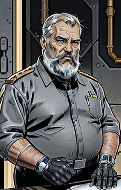 He is looking at his mechanical palm, He observes his own bionic hand, The space general aged 65 has long gray beard and long beard, wears a futuristic uniform, he is fat bearded, long sleeve uniform , wearing leather gloves on your hands, he has his arms crossed seriously, speaking to the viewer, He wears a white general&#39;s hat on his head. He wears a general&#39;s hat.((He is very chubby and has a white Speedo, in a huge swimming room he wears no clothes, ))), Inside the spacecraft. Full body photography Full body photography ))), Inside the spacecraft.((He is very chubby and has a white Speedo, in a huge swimming room he wears no clothes, ))), Inside the spacecraft. (((Full body photography Full body photography ))), Inside the spacecraft.)))