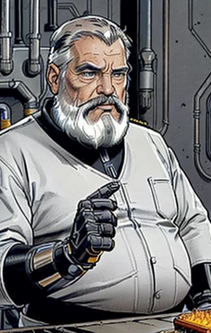 He is looking at his mechanical palm, He observes his own bionic hand, The space general aged 65 has long gray beard and long beard, wears a futuristic uniform, he is fat bearded, long sleeve uniform , wearing leather gloves on your hands, he has his arms crossed seriously, speaking to the viewer, He wears a white general&#39;s hat on his head. He wears a general&#39;s hat.((He is very chubby and has a white Speedo, in a huge swimming room he wears no clothes, ))), Inside the spacecraft. Full body photography Full body photography ))), Inside the spacecraft.((He is very chubby and has a white Speedo, in a huge swimming room he wears no clothes, ))), Inside the spacecraft. (((Full body photography Full body photography ))), Inside the spacecraft.)))