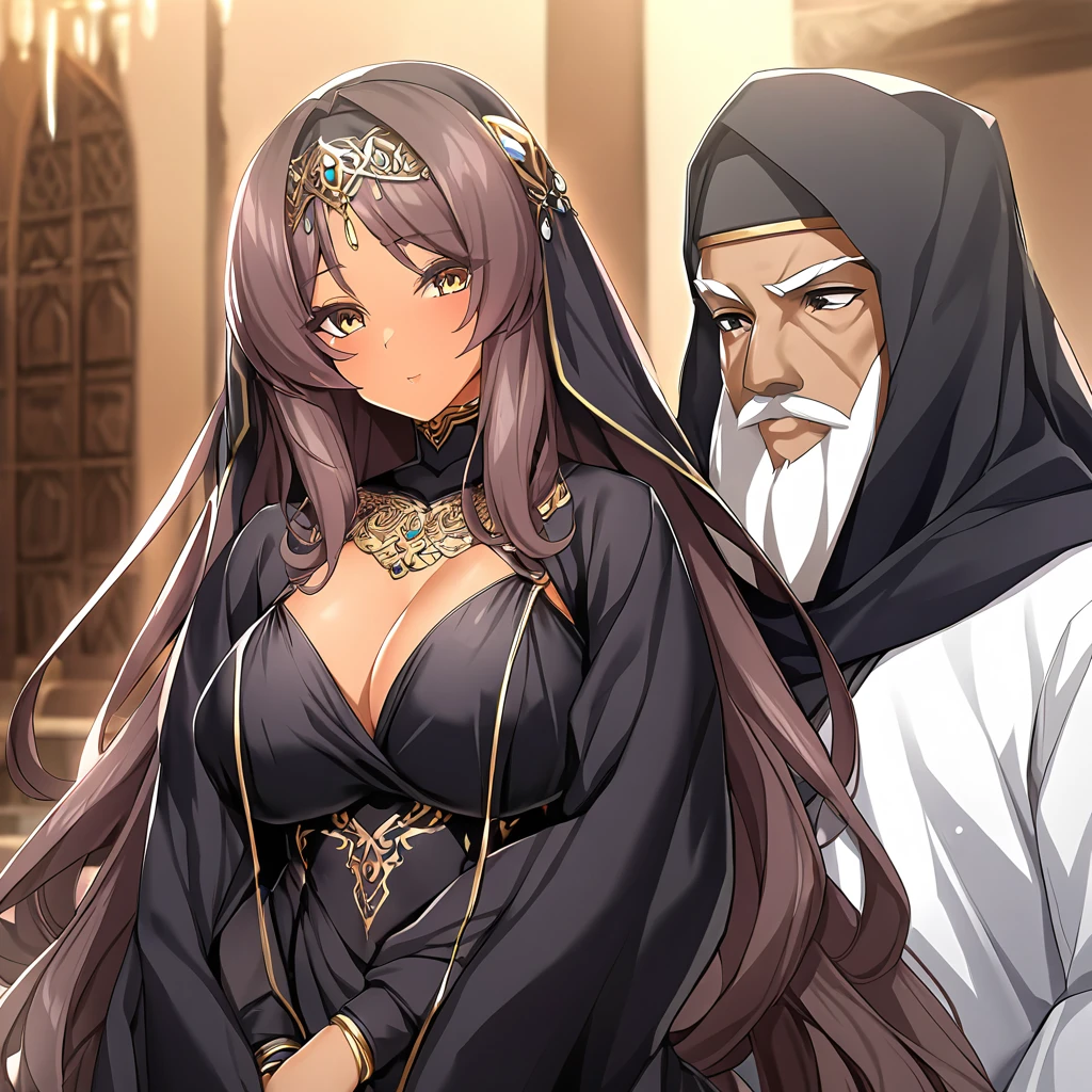 ((Highest quality)), ((masterpiece)), (detailed), （Perfect Face）、Women must wear black hijabs and niqabs、The woman is a devout Muslim, Ekstia., Arab with bright brown skin, In an Islamic prayer hall、She wears a gorgeous black abaya with gold embroidery.。, A gorgeous black hijab and niqab tightly covers her head, Gorgeous hair ornament, Gorgeous jewellery and engagement rings. The woman and the man are in a luxurious palace, And the woman、Wearing Arab national dress、In an Islamic prayer hall with a dignified bearded middle-aged Arab Muslim man。.、The woman is elegant and elegant., Blue semi-long hair, Black abaya and、Wearing a gorgeous black hijab and niqab. She is a devout Muslim Arab with vibrant brown skin.。.、（The woman was named Extia.、He is a dark-skinned Arab and a devout Muslim.。.）