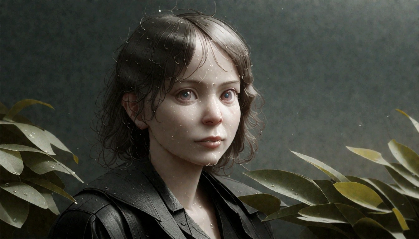 detailed portrait of a young girl dancing in the rain, beautiful detailed eyes, beautiful detailed lips, extremely detailed eyes and face, long eyelashes, playful expression, messy hair, wet skin, rain drops, outdoor garden scene, lush green foliage, overcast sky, dramatic lighting, moody colors, cinematic, (best quality,4k,8k,highres,masterpiece:1.2),ultra-detailed,(realistic,photorealistic,photo-realistic:1.37)