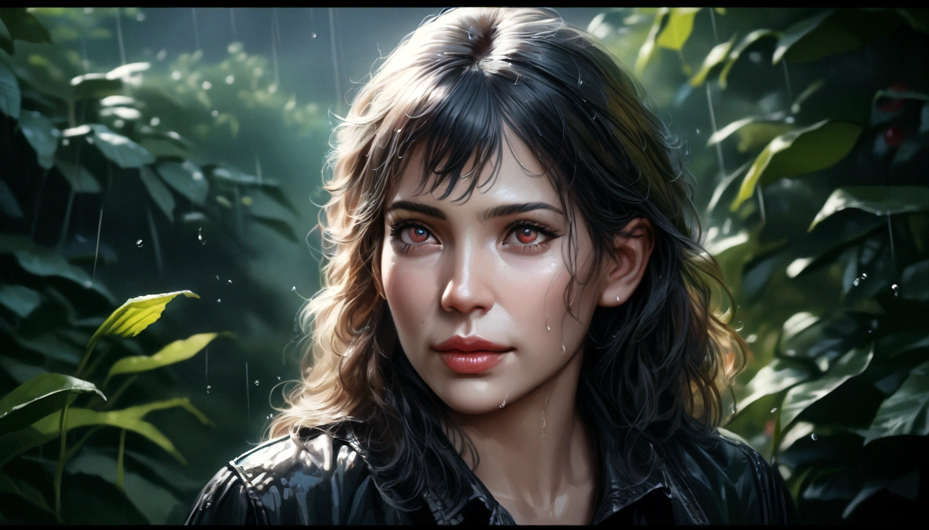 detailed portrait of a young girl dancing in the rain, beautiful detailed eyes, beautiful detailed lips, extremely detailed eyes and face, long eyelashes, playful expression, messy hair, wet skin, rain drops, outdoor garden scene, lush green foliage, overcast sky, dramatic lighting, moody colors, cinematic, (best quality,4k,8k,highres,masterpiece:1.2),ultra-detailed,(realistic,photorealistic,photo-realistic:1.37)