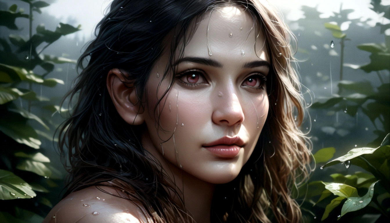 detailed portrait of a young girl dancing in the rain, beautiful detailed eyes, beautiful detailed lips, extremely detailed eyes and face, long eyelashes, playful expression, messy hair, wet skin, rain drops, outdoor garden scene, lush green foliage, overcast sky, dramatic lighting, moody colors, cinematic, (best quality,4k,8k,highres,masterpiece:1.2),ultra-detailed,(realistic,photorealistic,photo-realistic:1.37)