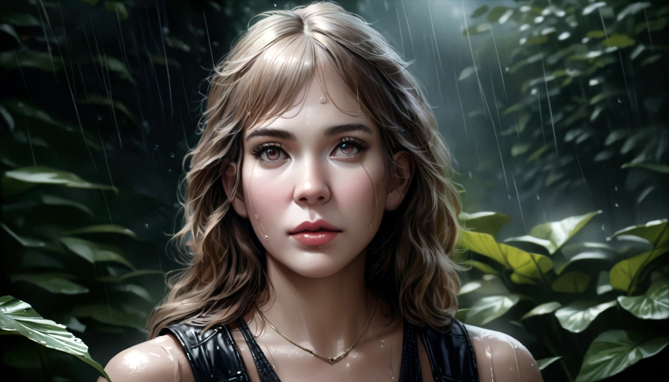 detailed portrait of a young girl dancing in the rain, beautiful detailed eyes, beautiful detailed lips, extremely detailed eyes and face, long eyelashes, playful expression, messy hair, wet skin, rain drops, outdoor garden scene, lush green foliage, overcast sky, dramatic lighting, moody colors, cinematic, (best quality,4k,8k,highres,masterpiece:1.2),ultra-detailed,(realistic,photorealistic,photo-realistic:1.37)