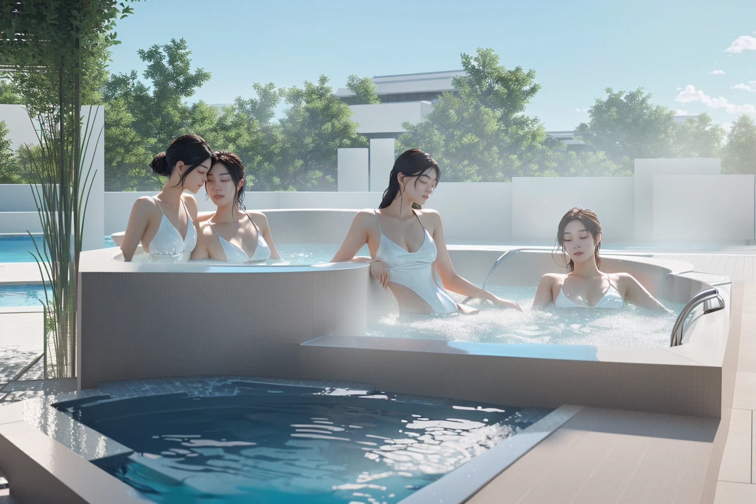 there are two women sitting in a hot tub by the pool, small wellness relaxation pool, inspired by Tadao Ando, luxcore render, next to a pool, realistic physical rendering, professional render, natural realistic render, highly photographic render, award-winning render, high quality rendering, detailed archviz render, detail render, architectural visualisation, architectural rendering, architectural render