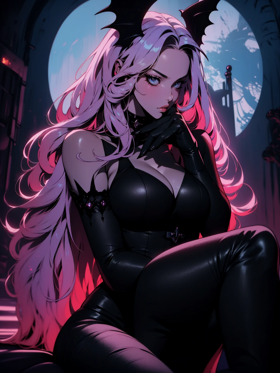 {-erro_de_anatomia:1.0} (best quality,4k,8k,highres,masterpiece:1.2) (masterpiece, top quality, best quality, official art, beautiful and aesthetic: 1.2), (1 woman: 1.3) Succubus girl, long pink hair , yellow eyes, (crystal eyes) succubus wings, black pant, black gloves,  attractive, moonlight, dinamic poses, sitting on the ground, looking back, perfect hands (perfect fingers), angry face, 