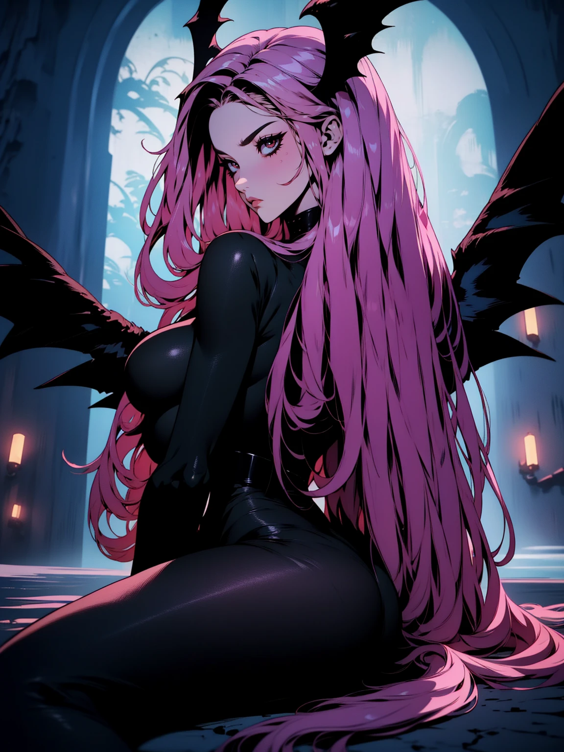 {-erro_de_anatomia:1.0} (best quality,4k,8k,highres,masterpiece:1.2) (masterpiece, top quality, best quality, official art, beautiful and aesthetic: 1.2), (1 woman: 1.3) Succubus girl, long pink hair , yellow eyes, (crystal eyes) succubus wings, black pant, black gloves,  attractive, moonlight, dinamic poses, sitting on the ground, looking back, perfect hands (perfect fingers), angry face, 