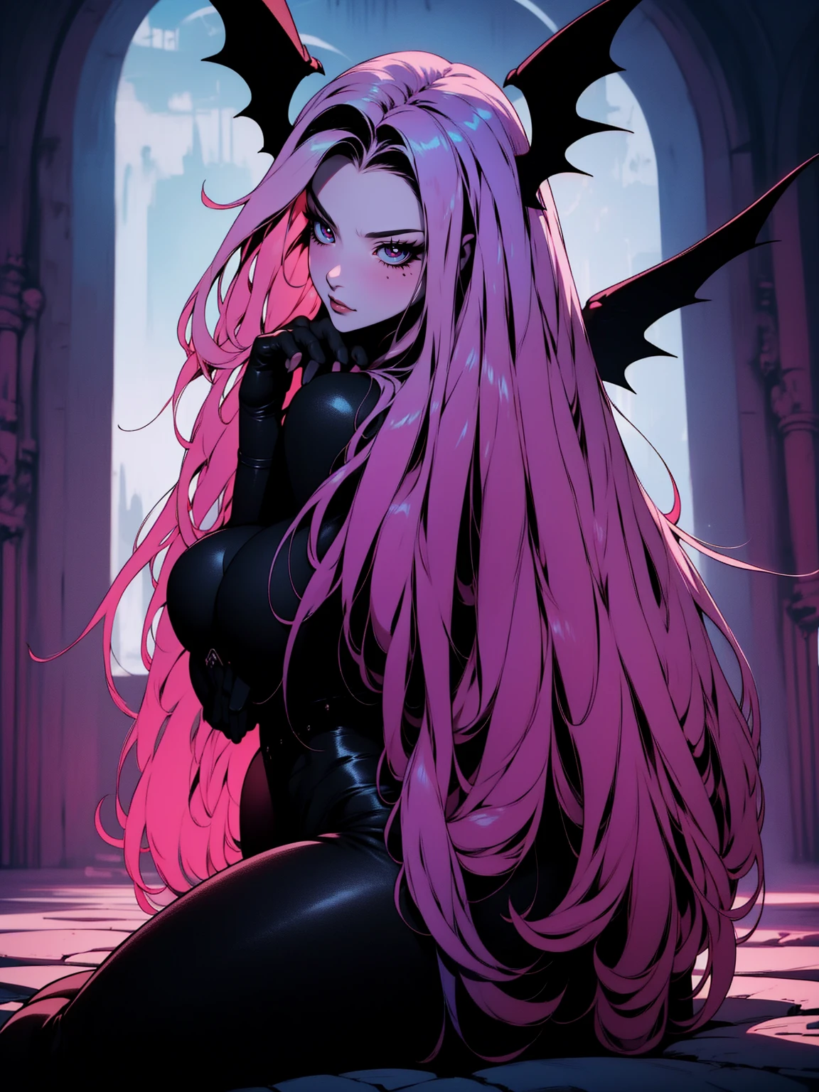 {-erro_de_anatomia:1.0} (best quality,4k,8k,highres,masterpiece:1.2) (masterpiece, top quality, best quality, official art, beautiful and aesthetic: 1.2), (1 woman: 1.3) Succubus girl, long pink hair , yellow eyes, (crystal eyes) succubus wings, black pant, black gloves,  attractive, moonlight, dinamic poses, sitting on the ground, looking back, perfect hands (perfect fingers), angry face, 