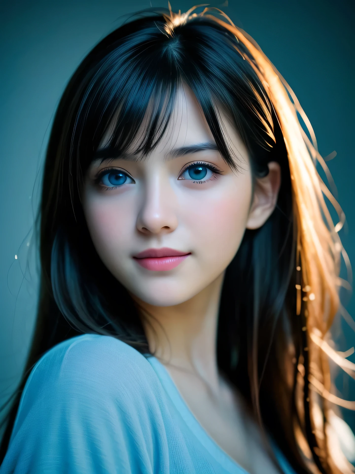 (Photo Real:1.4), (hyper realisitic:1.4), (Smooth lighting:1.05), 1 girl, teenager, blue eyes, happy, shy, smile, looking away, Close-up of the face, Soft lighting, Back lighting, (Finest Real Textured Skins), Super fine face, glowy skin, retinas, Anatomically correct, (Wavy medium Hair:1.1), bangs, Textured skin, High quality, high details, Best Quality, High resolution,