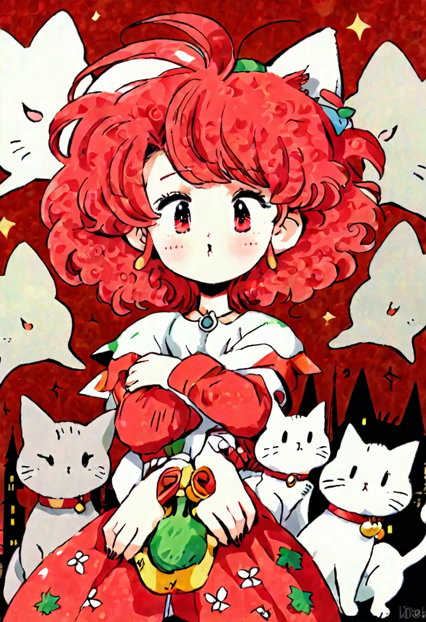 Surreal beautiful elf, curly red hair, face detailed,pointy cat ears,  very big , HD, 4K 