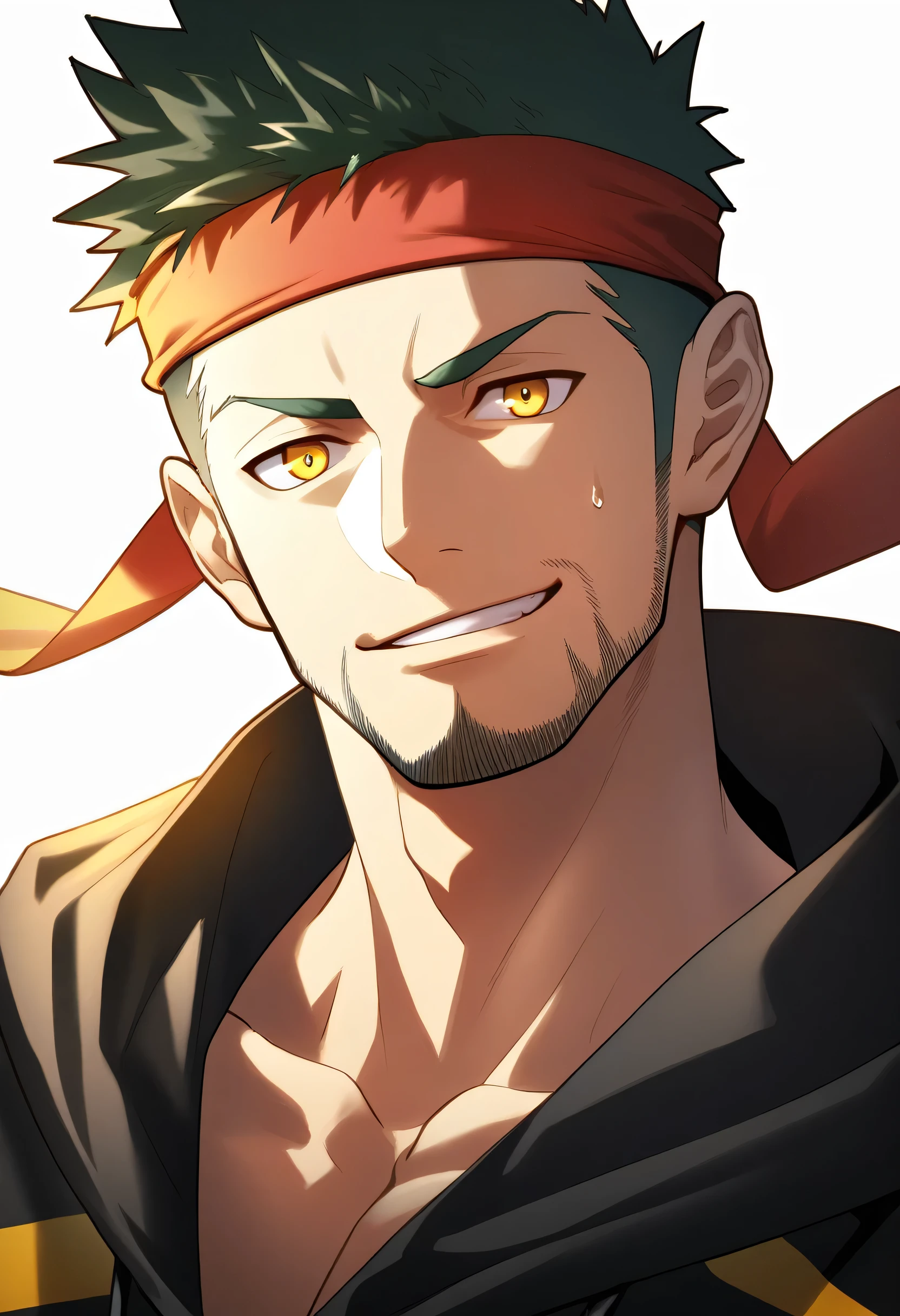 anime characters:Gyee, priapus, 1 muscular man god, sports Red headband, Black sports sweatshirt, muscular male, muscular, only, Upper body, alone, Yellow short hair, Thick eyebrows, stubble, Yellow eyes, White background, simple background, amazing quality, best aesthetics, Ridiculous, bright pupils, crew cut, naughty face, torogao, parted lips, god rays, chiaroscuro, drop shadow, best quality