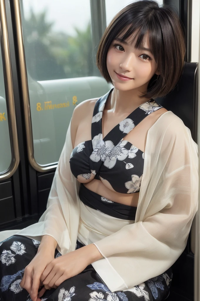 ((Highest quality, 8K, masterpiece: 1.3)), concentrated: 1.2, Perfect Body Beauty: 1.4, ((Layered Haircut,Small breasts: 1.2)), (Train seats:1.3), (yukata : 1.3) ,　A shy smile,Highly detailed face and skin texture, Simple Necklace, (Beautiful, clear black eyes:1.3), double eyelid ,White skin, medium brown bob hair, golden ratio, (shut up: 1.3),