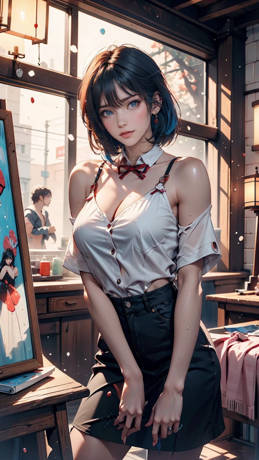 A masterpiece portrait of smiling Rei Ayanami (Evangelion), Evangelion (Hideaki), Caustics, High resolution illustrations, Red eyes, feminine, No students, Blue Hair, short hair, Japanese , loafers, Spank, Synthwave, paint Splashs, Shaded flat illustration, Digital Art, Trending on Art Station, Very detailed, The finer details, Complex, Splash, Overtake, Vaporware, Neon color、Sexy proportions、Sexy