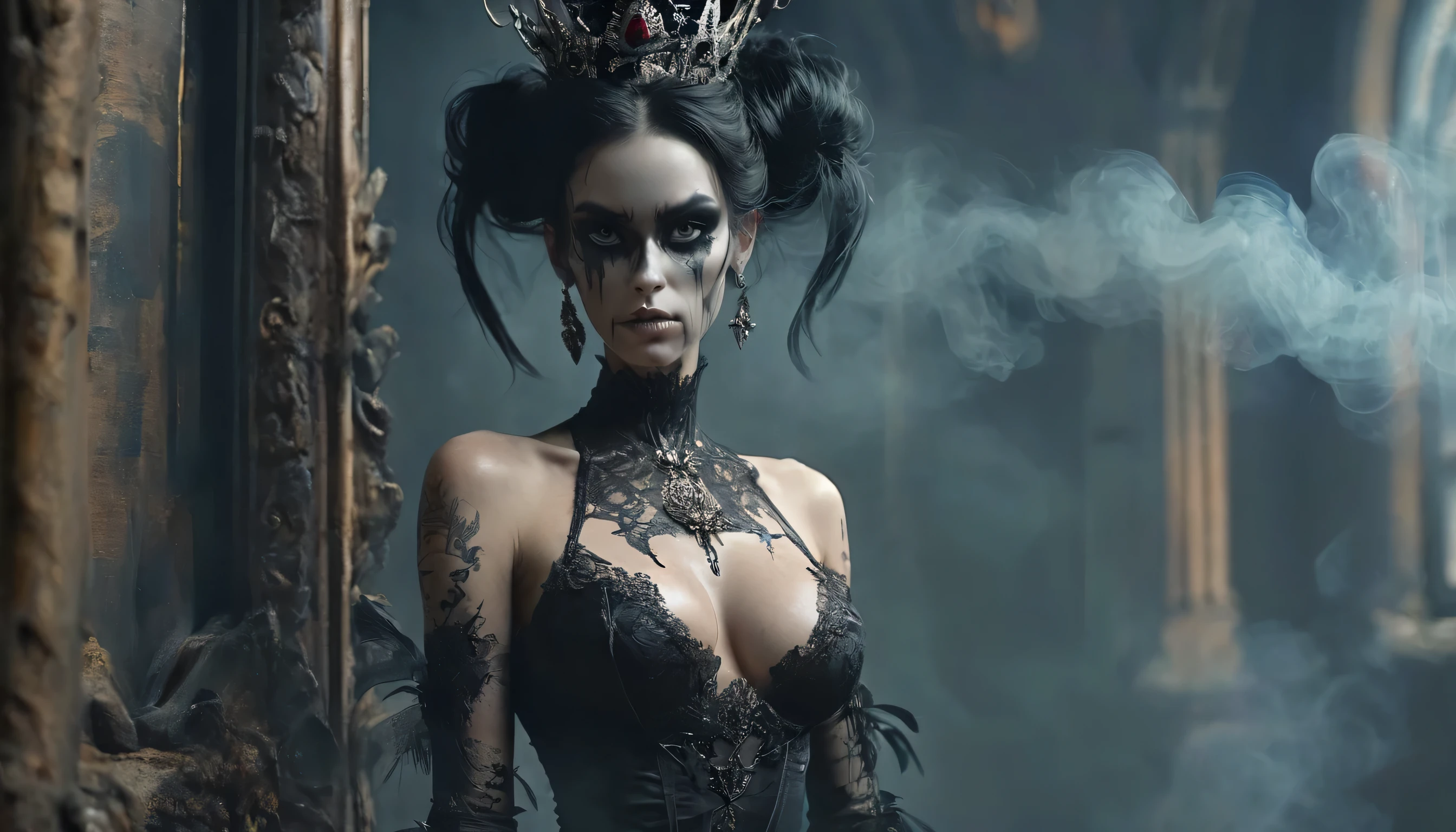 A creature of smoke, a face forms from the darkness, eyes of pure black, voodoo queen, seductive, full body arms at her side, very skinny and tall with large breasts, photorealism, beautiful supermodel, gothic, cinematic
