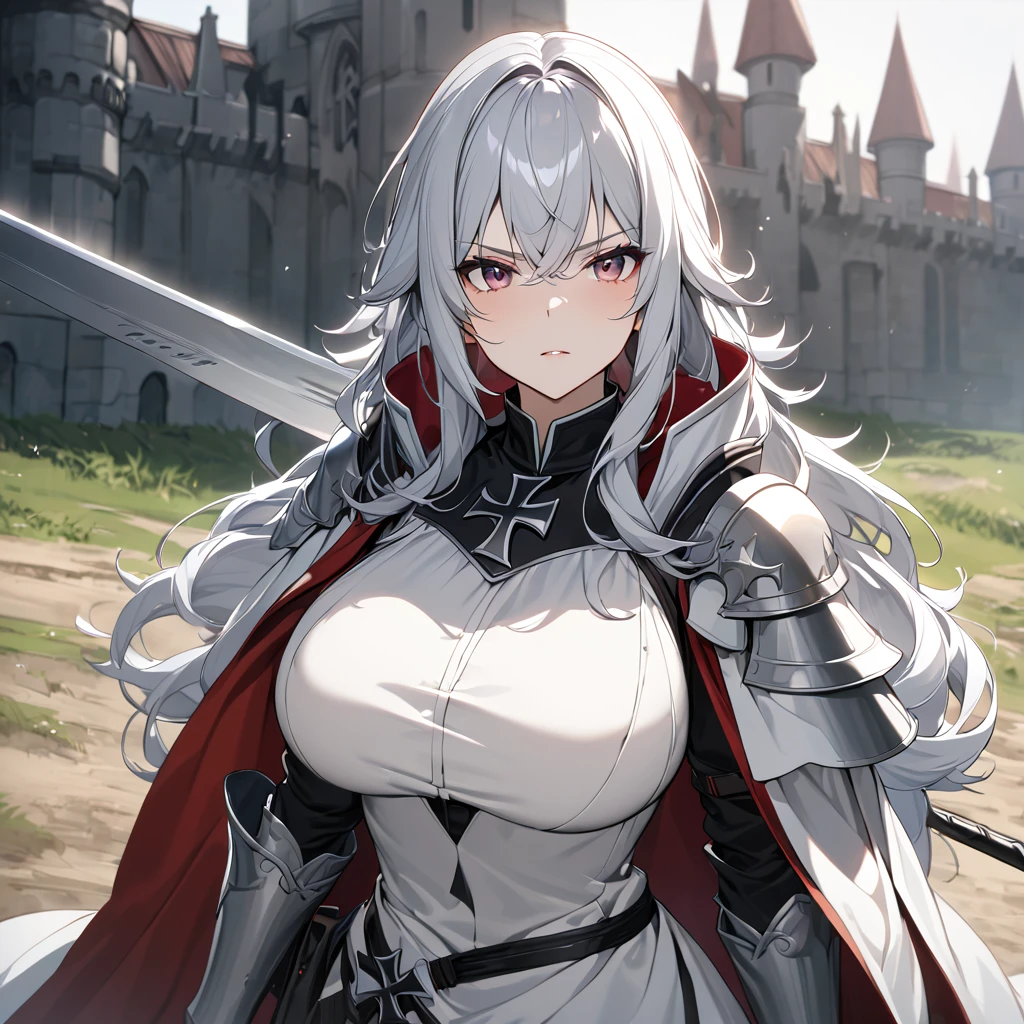 A woman wearing medieval Teutonic armor, wearing a white tunic, black iron cross drawn on the tunic, metal bracelet, metal boots, holding a steel sword, white fur cape, long cape, large breasts, burgundy eyes, silver hair , long hair, serious face, on a dirt walk in an open medieval field, with medieval aesthetics of the place, castle in the background.UHD , prime work , accurate , anatomically correct , textured skin , super details , high quality , best quality, 8k, high resolution, bokeh effect. (woman alone), 
