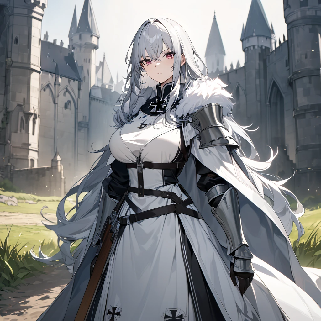 A woman wearing medieval Teutonic armor, wearing a white tunic, black iron cross drawn on the tunic, metal bracelet, metal boots, holding a steel sword, white fur cape, long cape, large breasts, burgundy eyes, silver hair , long hair, serious face, on a dirt walk in an open medieval field, with medieval aesthetics of the place, castle in the background.UHD , prime work , accurate , anatomically correct , textured skin , super details , high quality , best quality, 8k, high resolution, bokeh effect. (woman alone), 
