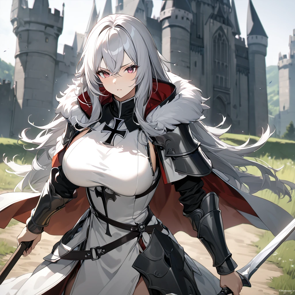 A woman wearing medieval Teutonic armor, wearing a white tunic, black iron cross drawn on the tunic, metal bracelet, metal boots, holding a steel sword, white fur cape, long cape, large breasts, burgundy eyes, silver hair , long hair, serious face, on a dirt walk in an open medieval field, with medieval aesthetics of the place, castle in the background.UHD , prime work , accurate , anatomically correct , textured skin , super details , high quality , best quality, 8k, high resolution, bokeh effect. (woman alone), 
