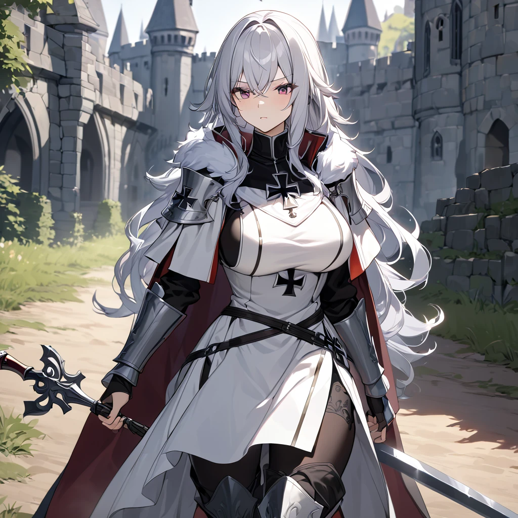 A woman wearing medieval Teutonic armor, wearing a white tunic, black iron cross drawn on the tunic, metal bracelet, metal boots, holding a steel sword, white fur cape, long cape, large breasts, burgundy eyes, silver hair , long hair, serious face, on a dirt walk in an open medieval field, with medieval aesthetics of the place, castle in the background.UHD , prime work , accurate , anatomically correct , textured skin , super details , high quality , best quality, 8k, high resolution, bokeh effect. (woman alone), 
