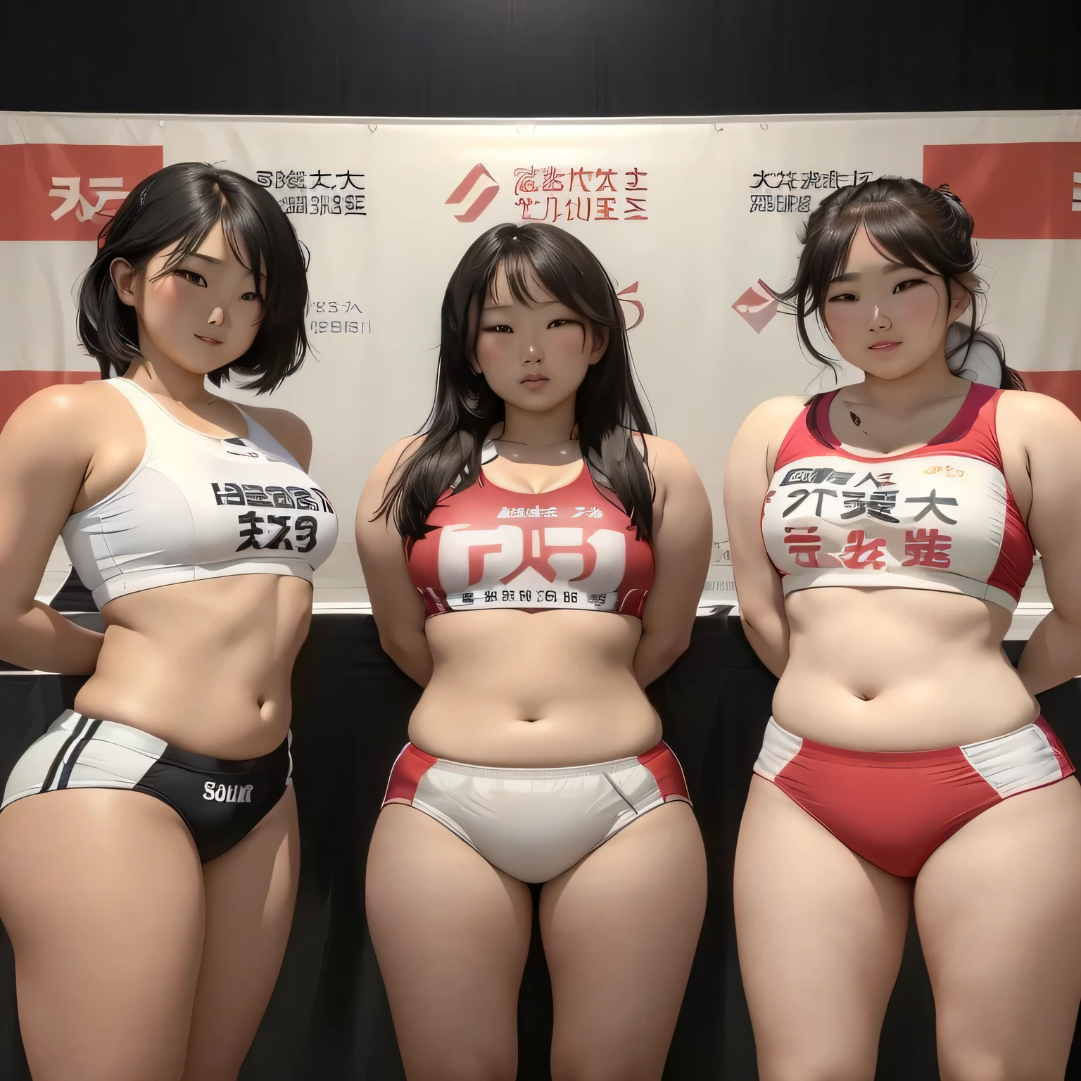 Three Asian beauties in bikinis posing for photos in front of a banner, Photos of a chubby and cute beauty, Cute Sportswear, Photos of a chubby and cute beauty model, 8K)), Sui Ishida, Japanese Model, Physically sporty, sakimichan, A body like a sumo wrestler, Bra and shorts streetwear, Beasts, Cute Core, Sports bra and shorts