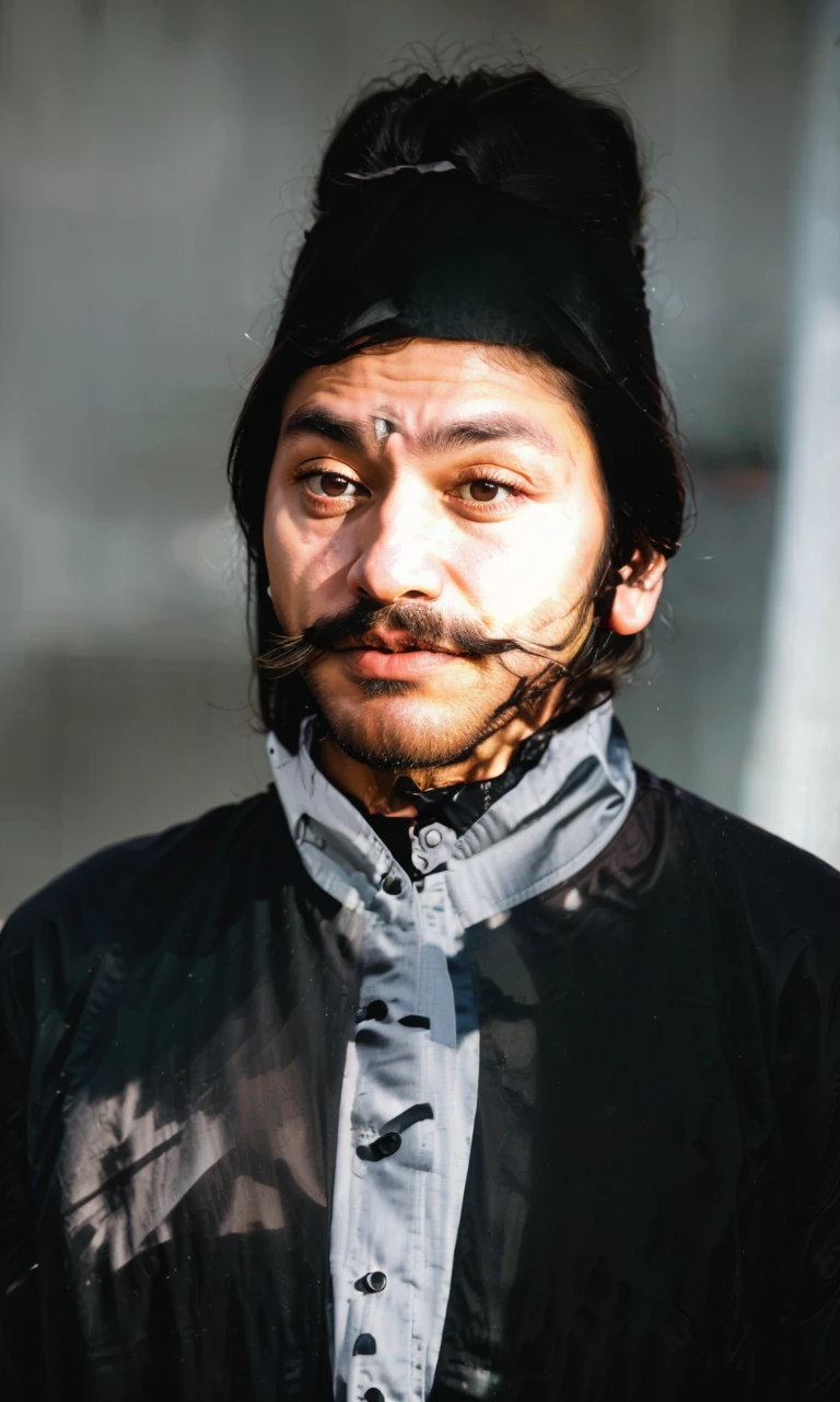 Indonesian Muslim man, brave king, wearing kanigaran clothing complete with black head covering, aged 40 years or over, brownish wrinkled skin, thick mustache and beard, long eyebrows, thin lips, closed mouth, thick black hair, big glaring eyes , Detailed Realistic HD Photos.
