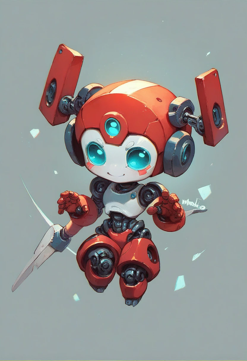 Chibi robot, medabot style, red and white, big head, thick parts