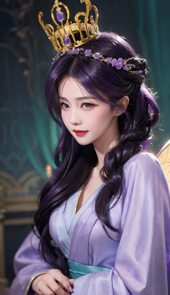 A close-up of a person in purple costume and purple hair, seductive princess knight, beautiful woman with violet skin, giggling character, ultra-detailed fantasy character, Yunling, full body fairy, Hirase Jinyao, beautiful and elegant queen, portrait of the queen, beautiful woman with gorgeous robes,