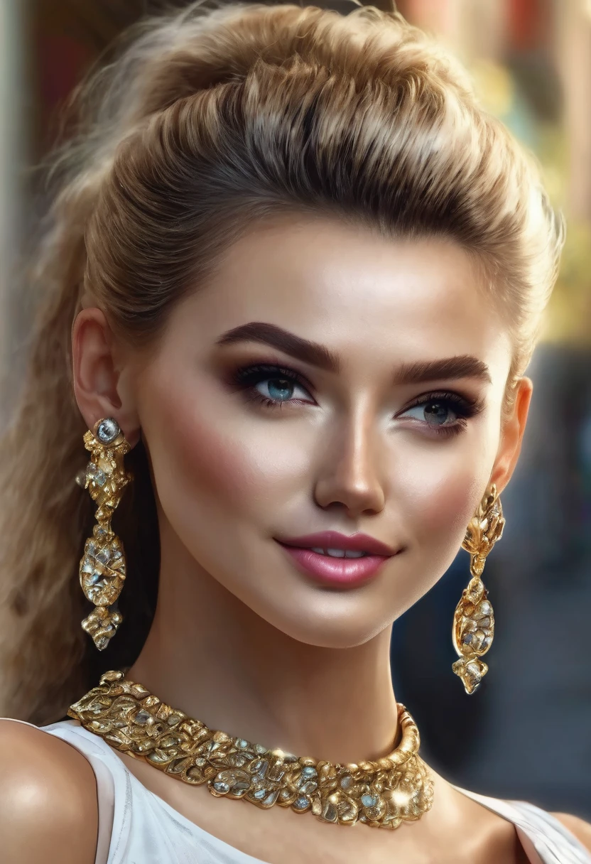  beautiful woman, hazelnut eyes, tight ponytail, athletic build, skirt, high heels, diamond earrings, gold bracelets, delicate gold necklace, (best quality,4k,8k,highres,masterpiece:1.2),ultra-detailed,(realistic,photorealistic,photo-realistic:1.37),studio lighting,physically-based rendering,extreme detail description,vivid colors,portrait