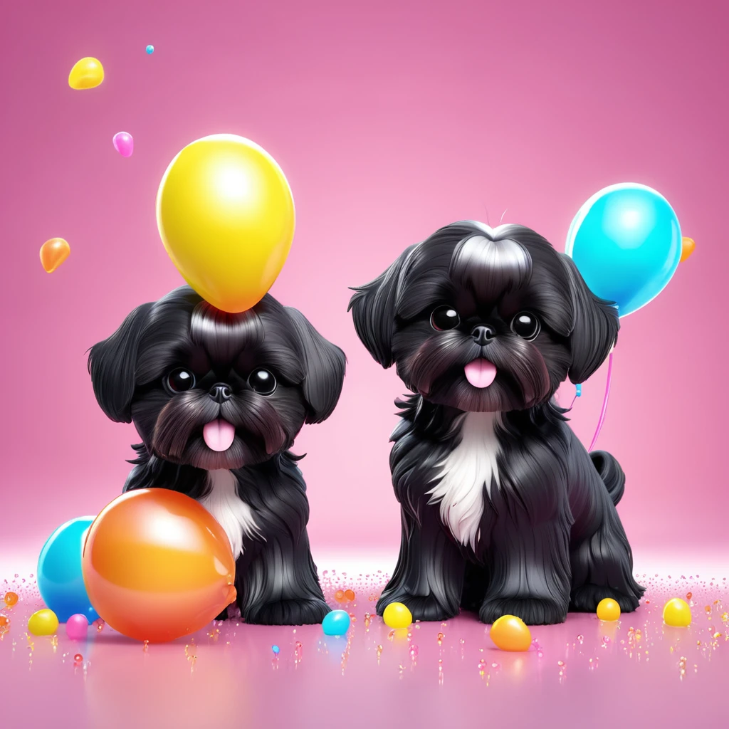 2 Adorable small black Shih Tzu puppies wearing bright sunglasses playing with water balloons Disney background 3d cartoon 3d render disney pixar style