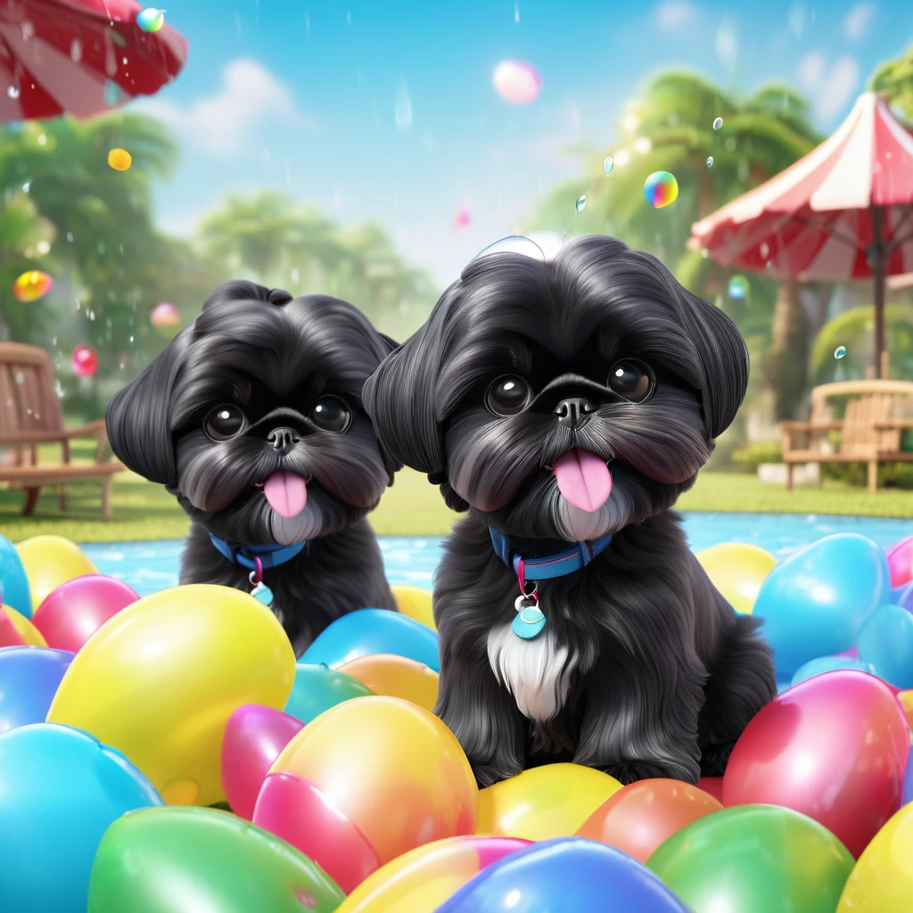 2 Adorable small black Shih Tzu puppies wearing bright sunglasses playing with water balloons Disney background 3d cartoon 3d render disney pixar style