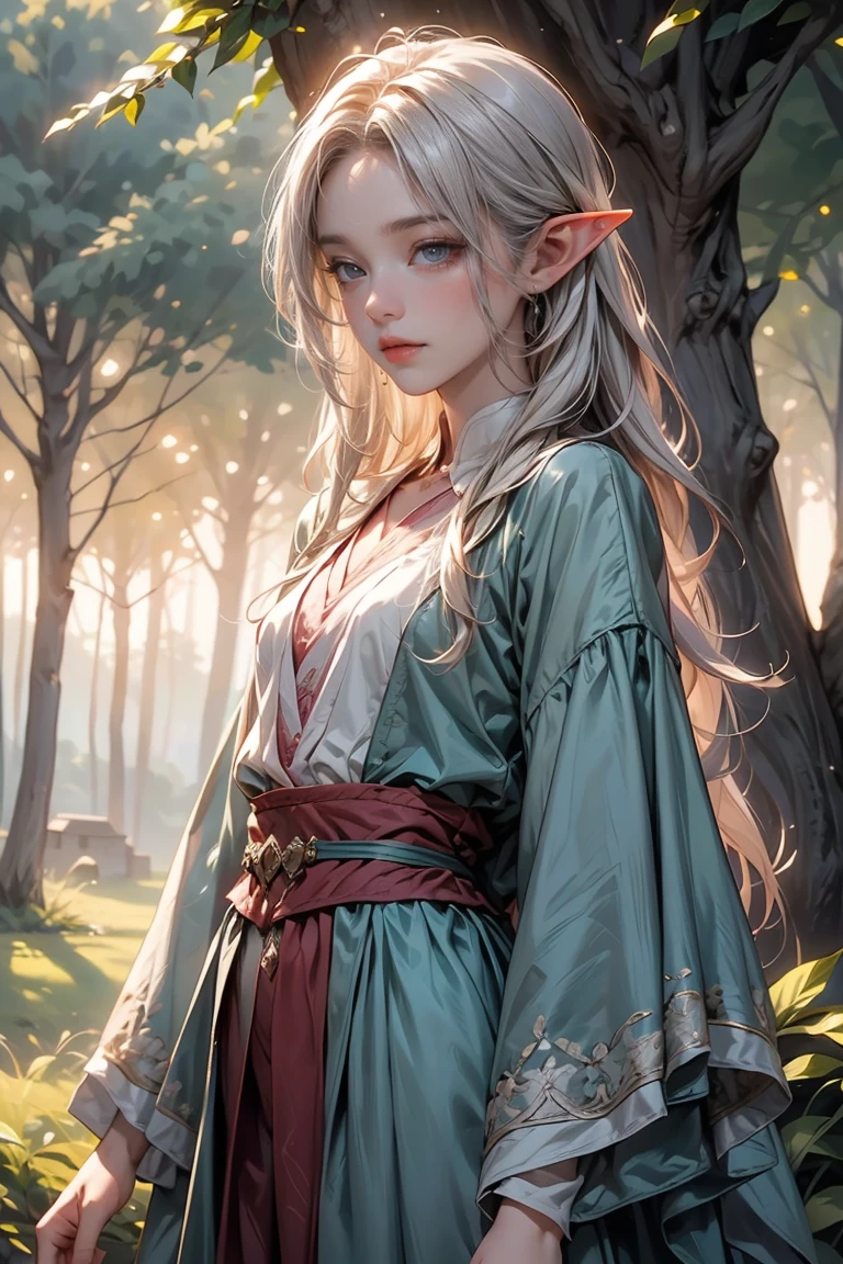 A wise old elf man with silver hair, green eyes, and a long green robe, stands in a small, picturesque elven village with wooden houses and lush greenery.
The old elf man looks serene and thoughtful.
The scene is set at sunrise, with soft light filtering through the trees.