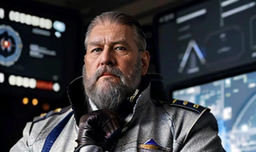 , The space general aged 65 has long gray beard and long beard, wears a futuristic uniform, he is fat bearded, long sleeve uniform , wearing leather gloves on your hands, , He wears a white general&#39;s hat on his head. He wears a general&#39;s hat.((He is very chubby and has a white Speedo, in a huge swimming room he wears no clothes, ))), Inside the spacecraft. Full body photography Full body photography ))), Inside the spacecraft.