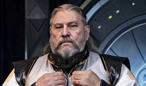 , The space general aged 65 has long gray beard and long beard, wears a futuristic uniform, he is fat bearded, long sleeve uniform , wearing leather gloves on your hands, , He wears a white general&#39;s hat on his head. He wears a general&#39;s hat.((He is very chubby and has a white Speedo, in a huge swimming room he wears no clothes, ))), Inside the spacecraft. Full body photography Full body photography ))), Inside the spacecraft.