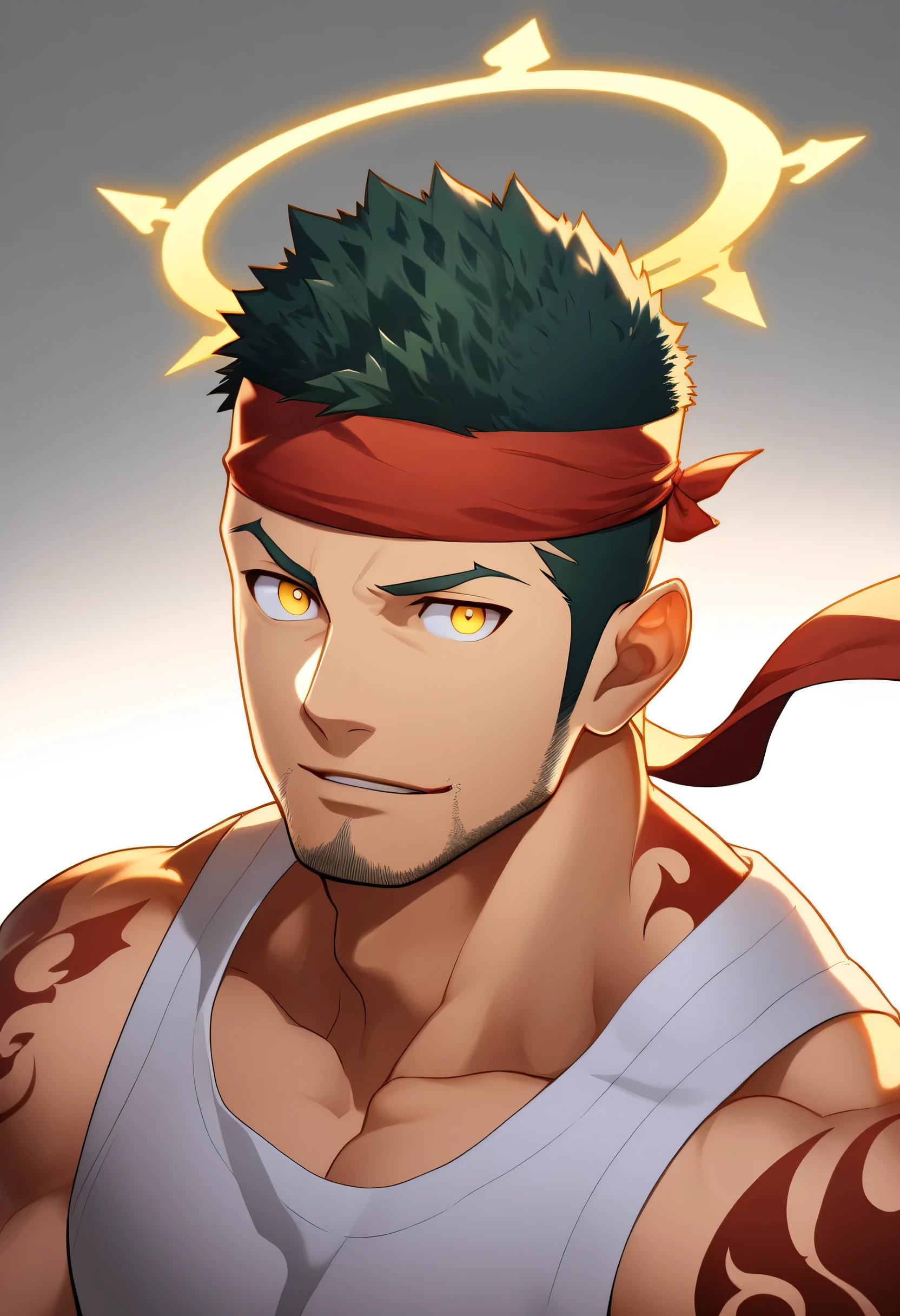 anime characters：Gyee, priapus, ung muscular man, male focus, Flame tattoo, sports Red headband, Creamy white spandex tight tank top, muscular male, muscular, only, Upper body, alone, Black short hair, Thick eyebrows, stubble, Yellow eyes, White background, simple background, amazing quality, best aesthetics, Ridiculous, bright pupils, crew cut, naughty face, torogao, parted lips, halo, god rays, best quality