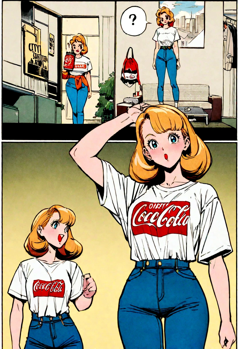 (vintage),(Retro),(Cartel), coca cola advertising with perfect girl, clothing oversized blue jeans and white t-shirt with open waist(sexy), military environment, Masterpiece, comics(tokyo city) (1990)